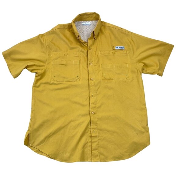 Columbia PFG Mens Fishing Shirt M Omni-Shade Yellow Short-Sleeve Caped and Vente - Picture 1 of 12